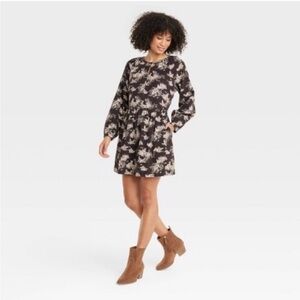Universal Thread Medium brown floral print corduroy balloon sleeve dress